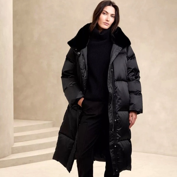 Banana Republic Alps Long Satin Puffer Coat Black, Large - Picture 1 of 8